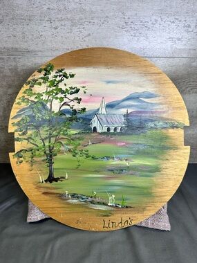 Vintage Hand-Painted Round Wooden Wall Art - Pastoral Church Landscape